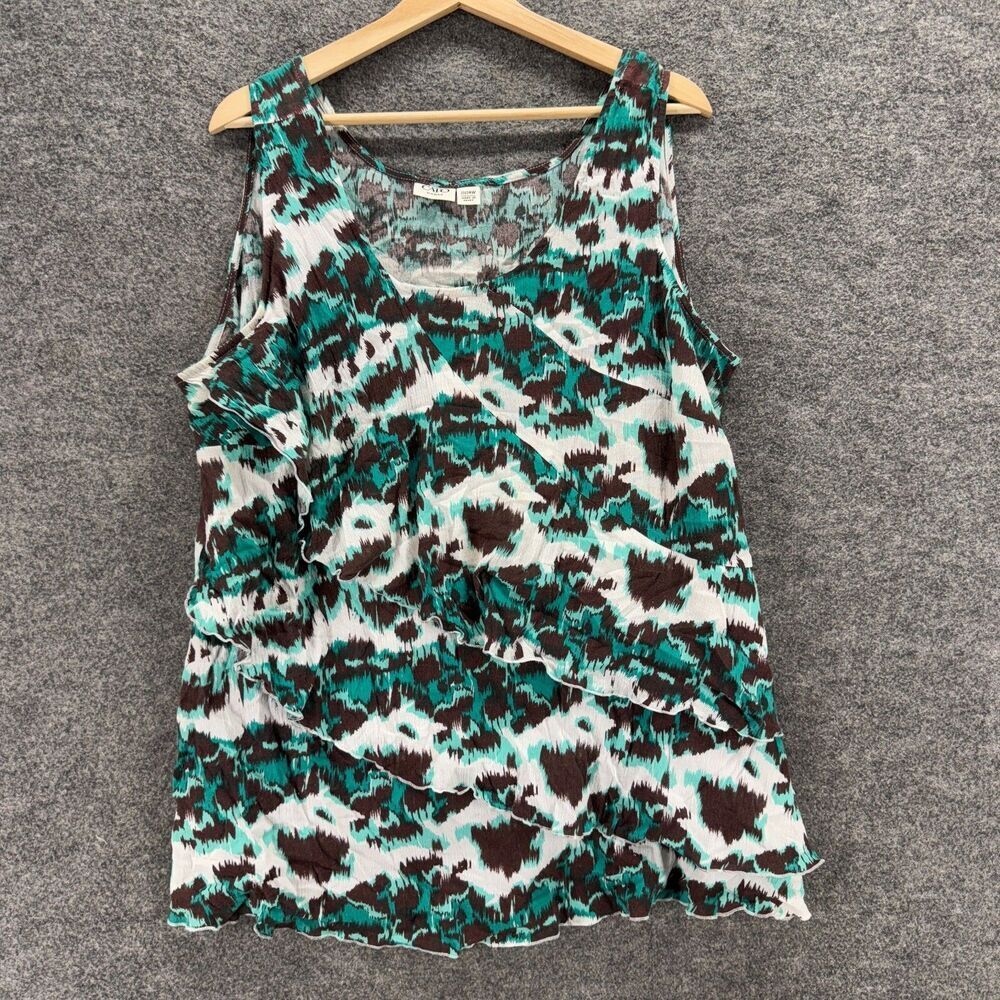 Cato Tank Women 22/24W Plus White Animal Print Ruffle Sleeveless Wide Strap